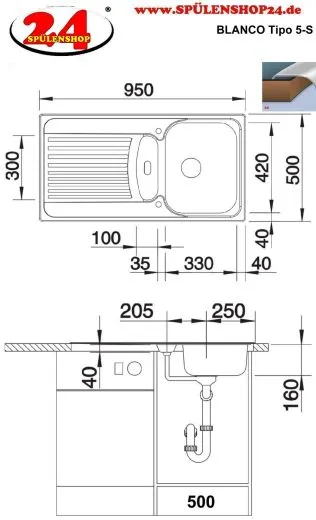 BLANCO Kchensple Tipo 5-S Einbausple / Edelstahlsple Siebkorb als Drehknopfventil