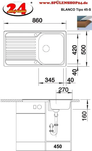 BLANCO Kchensple Tipo 45-S Einbausple / Edelstahlsple Siebkorb als Drehknopfventil