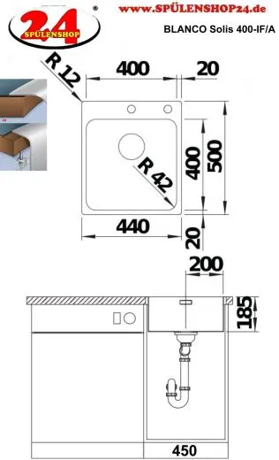BLANCO Kchensple Solis 400-IF/A Edelstahlsple / Einbausple Flachrand mit Ablaufsystem InFino und PushControl