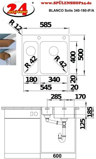 BLANCO Kchensple Solis 340/180-IF/A Edelstahlsple / Einbausple Flachrand mit Ablaufsystem InFino und PushControl
