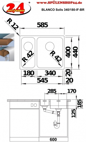 BLANCO Solis 340/180-IF Becken rechts Edelstahlsple / Einbausple Flachrand mit Ablaufsystem InFino und Handbettigung