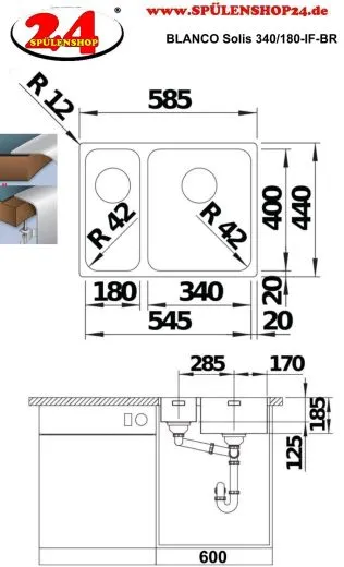 BLANCO Solis 340/180-IF Becken rechts Edelstahlsple / Einbausple Flachrand mit Ablaufsystem InFino und Handbettigung