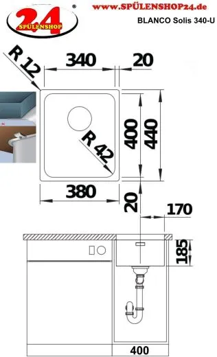 BLANCO Kchensple Solis 340-U Edelstahlsple / Unterbaubecken mit Ablaufsystem InFino und Handbettigung