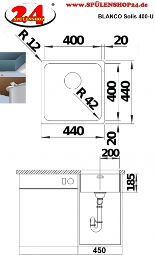 BLANCO Kchensple Solis 400-U Edelstahlsple / Unterbaubecken mit Ablaufsystem InFino und Handbettigung