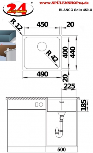 BLANCO Kchensple Solis 450-U Edelstahlsple / Unterbaubecken mit Ablaufsystem InFino und Handbettigung