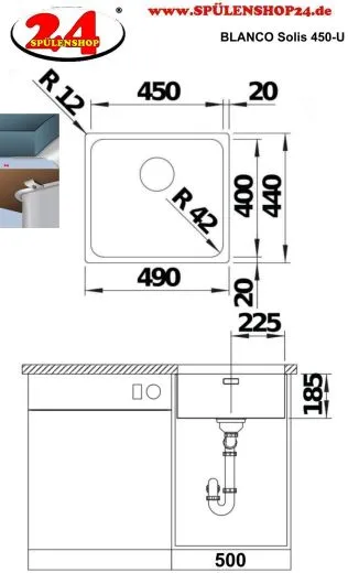 BLANCO Kchensple Solis 450-U Edelstahlsple / Unterbaubecken mit Ablaufsystem InFino und Handbettigung