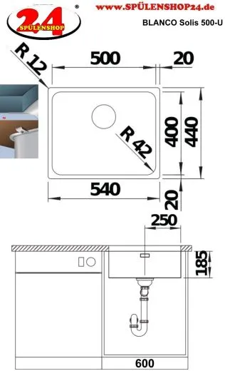 BLANCO Kchensple Solis 500-U Edelstahlsple / Unterbaubecken mit Ablaufsystem InFino und Handbettigung