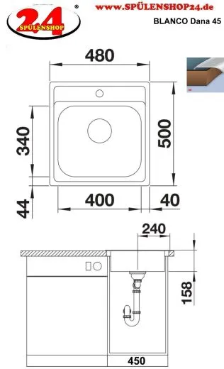 BLANCO Kchensple Dana 45 Einbausple / Edelstahlsple mit Hahnlochbank Siebkorb als Stopfenventil