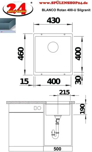 BLANCO Rotan 400-U Silgranit PuraDurII Granitsple / Unterbaubecken in 7 Farbtnen mit Handbettigung