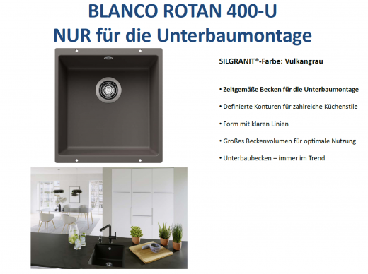 BLANCO Rotan 400-U Silgranit PuraDurII Granitsple / Unterbaubecken in 7 Farbtnen mit Handbettigung