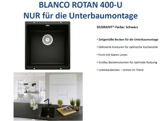 BLANCO Rotan 400-U Silgranit PuraDurII Granitsple / Unterbaubecken in 7 Farbtnen mit Handbettigung