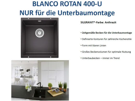 BLANCO Rotan 400-U Silgranit PuraDurII Granitsple / Unterbaubecken in 7 Farbtnen mit Handbettigung