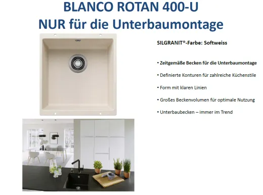 BLANCO Rotan 400-U Silgranit PuraDurII Granitsple / Unterbaubecken in 7 Farbtnen mit Handbettigung