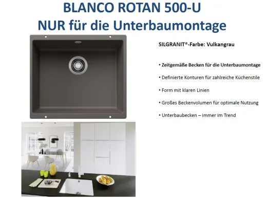 BLANCO Rotan 500-U Silgranit PuraDurII Granitsple / Unterbaubecken in 7 Farbtnen mit Handbettigung
