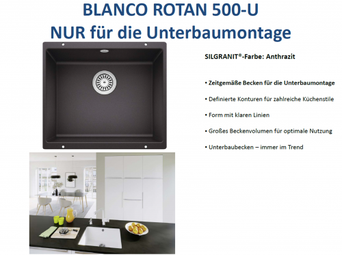 BLANCO Rotan 500-U Silgranit PuraDurII Granitsple / Unterbaubecken in 7 Farbtnen mit Handbettigung