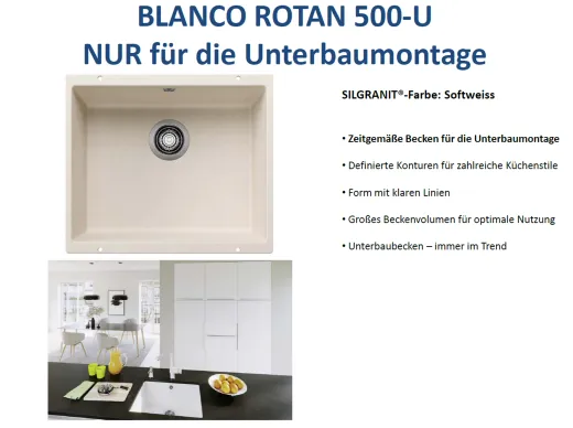 BLANCO Rotan 500-U Silgranit PuraDurII Granitsple / Unterbaubecken in 7 Farbtnen mit Handbettigung