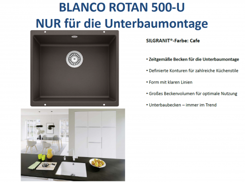 BLANCO Rotan 500-U Silgranit PuraDurII Granitsple / Unterbaubecken in 7 Farbtnen mit Handbettigung