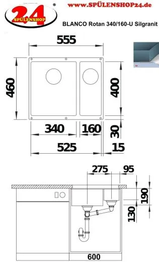 BLANCO Rotan 340/160-U Silgranit PuraDurII Granitsple / Unterbaubecken mit Handbettigung