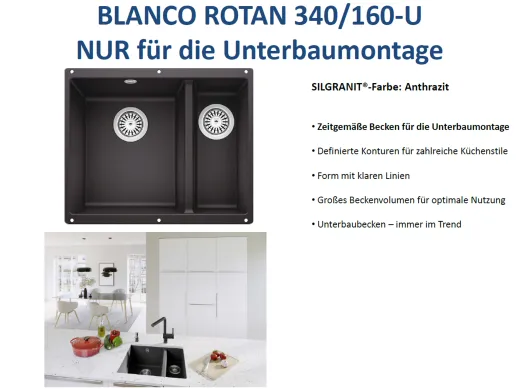 BLANCO Rotan 340/160-U Silgranit PuraDurII Granitsple / Unterbaubecken mit Handbettigung