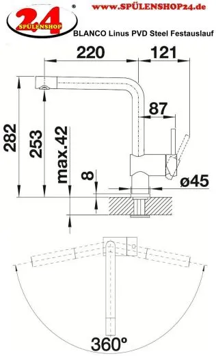 BLANCO Kchenarmatur Linus PVD Steel Einhebelmischer / Spltischarmatur mit Festauslauf 360 schwenkbarer Auslauf