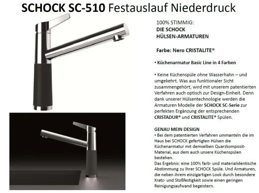SCHOCK Kchenarmatur SC-510 Cristalite Basic Line Einhebelmischer Festauslauf 360 schwenkbarer Auslauf mit Materialhlse Niederdruck