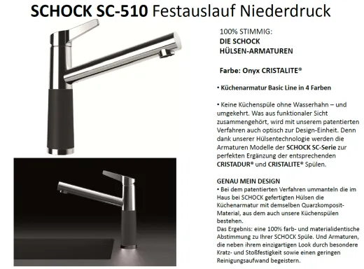 SCHOCK Kchenarmatur SC-510 Cristalite Basic Line Einhebelmischer Festauslauf 360 schwenkbarer Auslauf mit Materialhlse Niederdruck