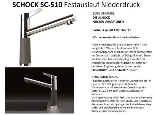 SCHOCK Kchenarmatur SC-510 Cristalite Basic Line Einhebelmischer Festauslauf 360 schwenkbarer Auslauf mit Materialhlse Niederdruck