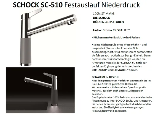 SCHOCK Kchenarmatur SC-510 Cristalite Basic Line Einhebelmischer Festauslauf 360 schwenkbarer Auslauf mit Materialhlse Niederdruck