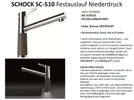 SCHOCK Kchenarmatur SC-510 Cristadur Classic Line Einhebelmischer Festauslauf 360 schwenkbarer Auslauf mit Materialhlse Niederdruck