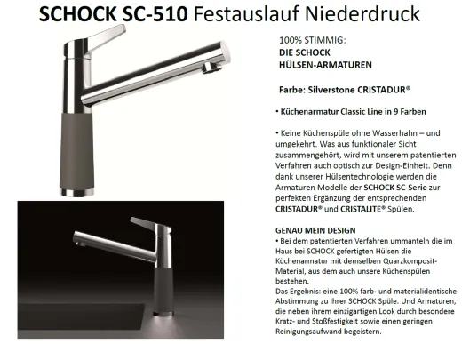 SCHOCK Kchenarmatur SC-510 Cristadur Classic Line Einhebelmischer Festauslauf 360 schwenkbarer Auslauf mit Materialhlse Niederdruck