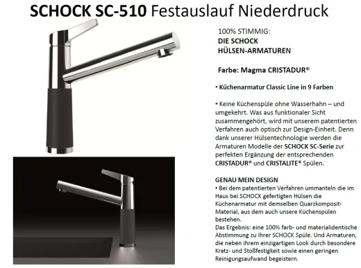 SCHOCK Kchenarmatur SC-510 Cristadur Classic Line Einhebelmischer Festauslauf 360 schwenkbarer Auslauf mit Materialhlse Niederdruck