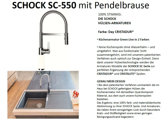 SCHOCK Kchenarmatur SC-550 Cristadur Green Line Einhebelmischer Festauslauf 150 schwenkbarer Auslauf mit Materialhlse und Pendelbrause