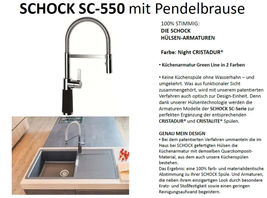 SCHOCK Kchenarmatur SC-550 Cristadur Green Line Einhebelmischer Festauslauf 150 schwenkbarer Auslauf mit Materialhlse und Pendelbrause