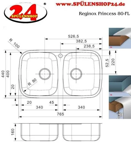 REGINOX Kchensple Princess 80 Einbausple Edelstahl 3 in 1 mit Flachrand Doppelbecken Siebkorb als Stopfenventil