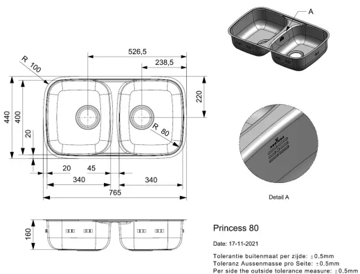REGINOX K�chensp�le Princess 80 Einbausp�le Edelstahl 3 in 1 mit Flachrand Doppelbecken Siebkorb als Stopfenventil