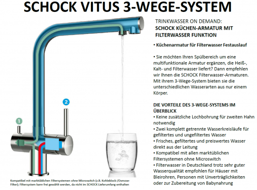 SCHOCK Kchenarmatur Vitus EDM mit Zugauslauf 3-Wege Trinkwasserfilter Armatur Edelstahl massiv 180 schwenkbarer Auslauf mit Schlauchbrause