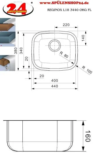 REGINOX Kchensple L18 3440 OKG Einbausple Edelstahl 3 in 1 mit Flachrand Siebkorb als Stopfenventil
