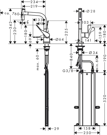 AXOR Kchenarmatur Citterio Select Chrom Einhebelmischer 230 mit Zugauslauf als Ausziehbrause und Select-Knopf 2jet, sBox (39862000)