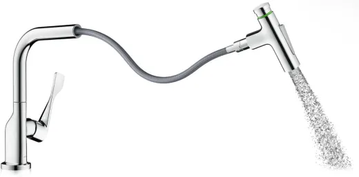 AXOR Kchenarmatur Citterio Select Edelstahl Finish Einhebelmischer 230 mit Zugauslauf als Ausziehbrause und Select-Knopf 2jet, sBox (39862800)