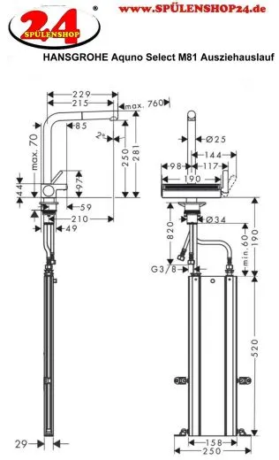 HANSGROHE Kchenarmatur Aquno Select M81 Mattschwarz Einhebelmischer 250 mit Ausziehauslauf, 2jet, sBox (73830670)
