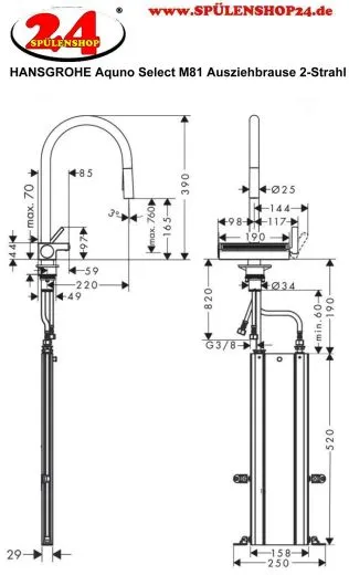 HANSGROHE Kchenarmatur Aquno Select M81 Mattschwarz Einhebelmischer 170 mit Zugauslauf als Ausziehbrause, 3jet, sBox (73831670)