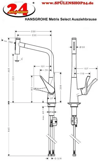 HANSGROHE Kchenarmatur Metris Select M71 Edelstahl Finish Einhebelmischer 320 mit Ausziehbrause, 2jet (73820800)