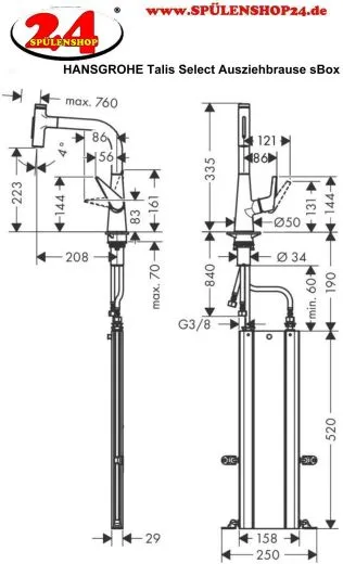 HANSGROHE Kchenarmatur Talis Select M51 Edelstahl Finish Einhebelmischer 220 mit Ausziehbrause, 2jet, sBox (73868800)