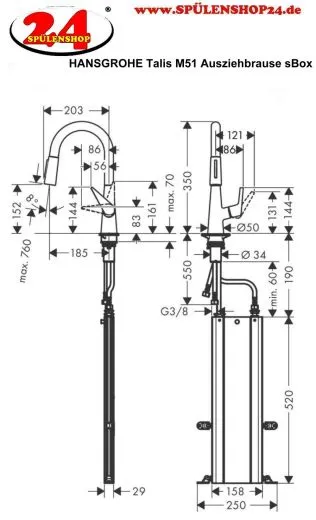 HANSGROHE Kchenarmatur Talis M51 Edelstahl Finish Einhebelmischer 160 mit Ausziehbrause, 2jet, sBox (73850800)