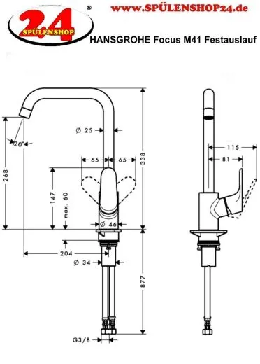 HANSGROHE Kchenarmatur Focus M41 Mattschwarz Einhebelmischer 260 mit Festauslauf, 1jet Schwenkbereich einstellbar (31820670)