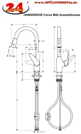 HANSGROHE Kchenarmatur Focus M42 Edelstahl Finish Einhebelmischer 220 mit Ausziehbrause, 2jet 360 schwenkbarer Auslauf (71800800)