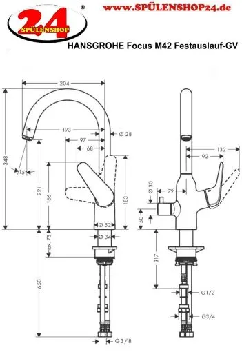 HANSGROHE Kchenarmatur Focus M42 Chrom Einhebelmischer 220 mit Festauslauf und Gerteabsperrventil, 1jet (71803000)