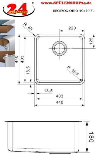 REGINOX Kchensple Ohio 40x40 (L) OKG Einbausple Edelstahl 3 in 1 mit Flachrand Siebkorb als Stopfenventil