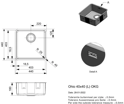 REGINOX K�chensp�le Ohio 40x40 (L) OKG Einbausp�le Edelstahl 3 in 1 mit Flachrand Siebkorb als Stopfenventil