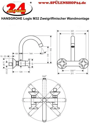 HANSGROHE Kchenarmatur Logis M32 Chrom 2-Griffmischer fr Wandmontage Highspout, 1jet 360 schwenkbarer Auslauf (71286000)